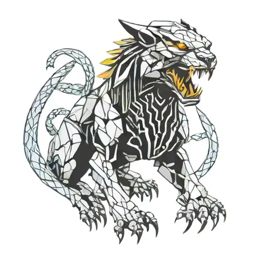 Sleek predator, shadowy fangs, dynamic pose, mysterious, powerful design. tattoo design idea
