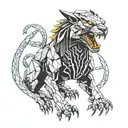 Sleek predator, shadowy fangs, dynamic pose, mysterious, powerful design. tattoo design idea