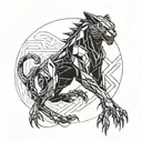 Sleek predator, shadowy fangs, dynamic pose, mysterious, powerful design. tattoo design idea