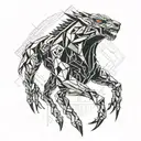 Sleek predator, shadowy fangs, dynamic pose, mysterious, powerful design. tattoo design idea