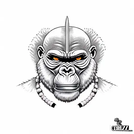 gorila com cara de brabo com armadura de spartana soltando fumaça pela boca, com uma cruz no calvaria atrás, corpo intei tattoo design idea