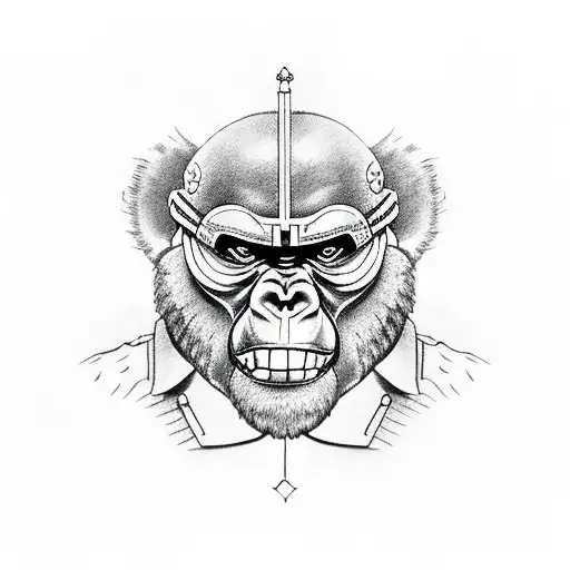 gorila com cara de brabo com armadura de spartana soltando fumaça pela boca, com uma cruz no calvaria atrás, corpo intei tattoo design idea