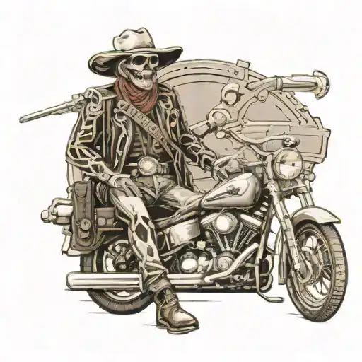 Skeleton cowboy with bandaleer, Harley Davidson belt buckle, with a motorcycle by his side. With dark ominous cloudy bac tattoo design idea