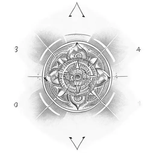 tattoo to fill a full arm, using sun, numbers, geometric shapes, mountain, wind rose, fibonacci sequence. Use one simbol tattoo design idea