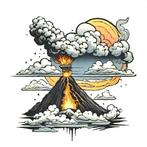 sunset, stars, volcano explosion with clouds tattoo design idea