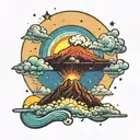 sunset, stars, volcano explosion with clouds tattoo design idea