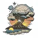 sunset, stars, volcano explosion with clouds tattoo design idea