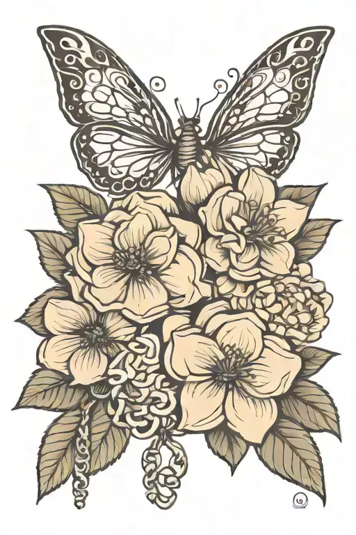 My Sisters Keeper with 3 chain links at the bottom and a medium Hydrangea flower on the left tattoo design idea