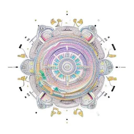 An intricate mandala design incorporating musical instruments and landmarks from your favorite travel destinations tattoo design idea