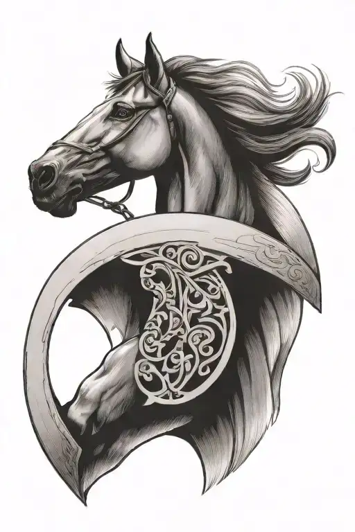 horse head in horse shoe tattoo design idea