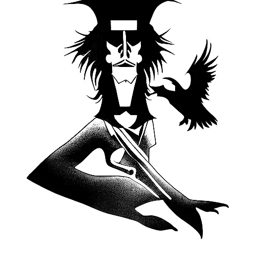 Goblin king with a raven in his arm tattoo design idea