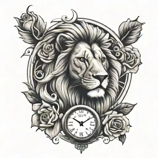 lion face, clock, rose intertwined tattoo design idea