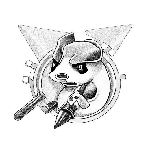 A mechanical Cyndaquil holding a wrench in its mouth tattoo design idea