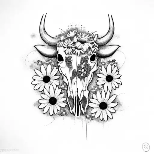 cow skull with daisy flowers and barbwire tattoo design idea