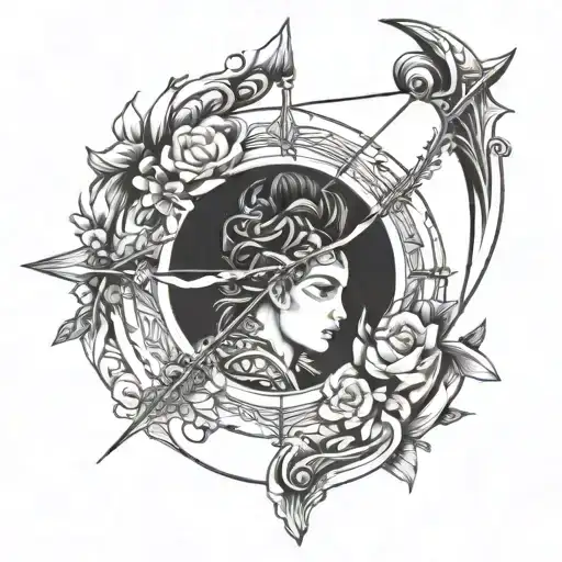 The central design will be a bow and arrow. The bow and arrow will be black and white, with defined lines. tattoo design idea