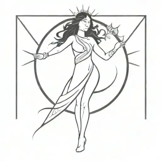 Yin and yang, Sun and moon, full body warrior princess simple black silhouette tattoo design idea
