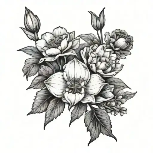 a line drawing of a bouquet of a daffodil, peony, marigold, and sweet pea flower. tattoo design idea