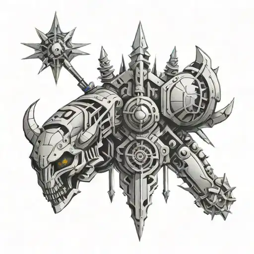 Incorporate symbols from Warhammer and elements of Techno music into a cybernetic sleeve tattoo tattoo design idea