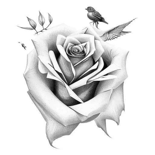 Rose with 3 birds tattoo design idea