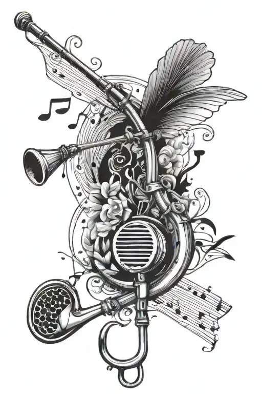A tattoo design of a fishing rod morphing into a musical staff, symbolizing the harmony between your love for fishing and music tattoo design idea
