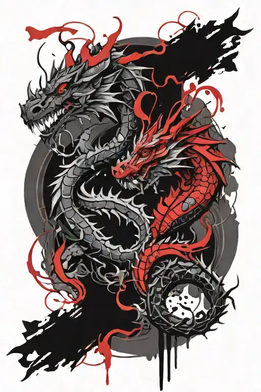 two dragons in red and black tattoo design idea