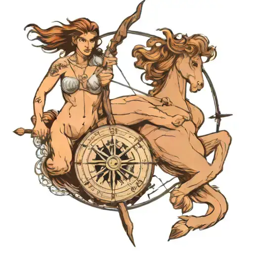 female centaur shirtless shooting bow and arrow with large compass behind tattoo design idea