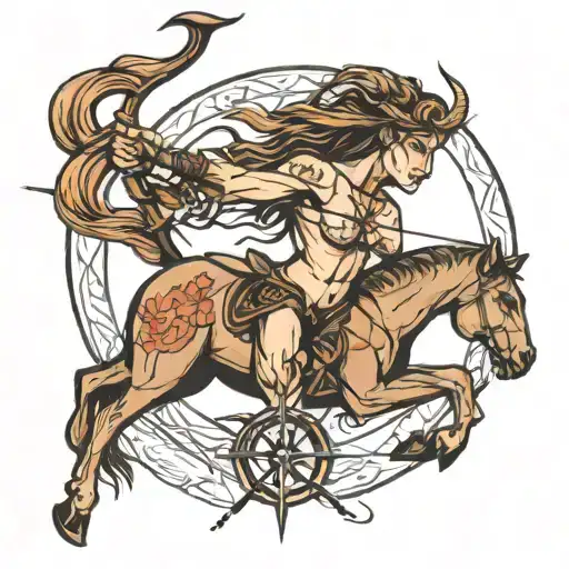 female centaur shirtless shooting bow and arrow with compass tattoo design idea
