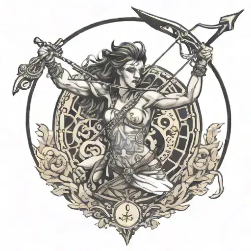 female shirtless centaur shooting bow and arrow with large compass behind Sagittarius  tattoo design idea