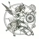 female shirtless centaur shooting bow and arrow with large compass behind tattoo design idea
