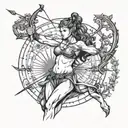 female shirtless centaur shooting bow and arrow with large compass behind tattoo design idea