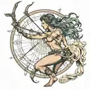 female shirtless centaur shooting bow and arrow with large compass behind tattoo design idea
