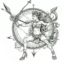 female shirtless centaur shooting bow and arrow with large compass behind tattoo design idea