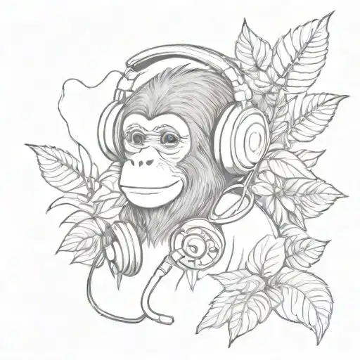 Cute little monkey with headphones listening to music surrounded by plants tattoo design idea