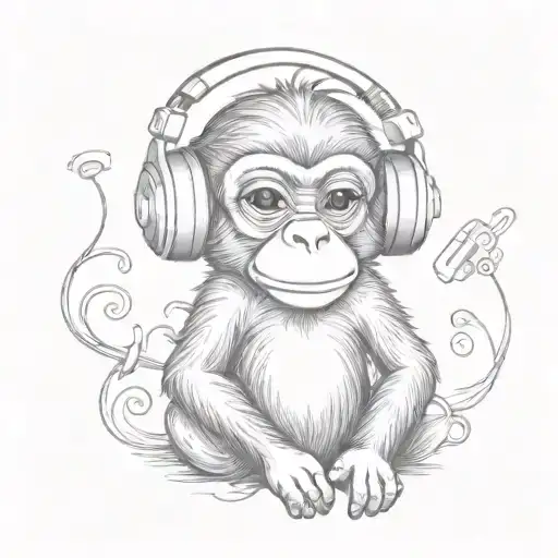 Cute little monkey with headphones listening to music tattoo design idea