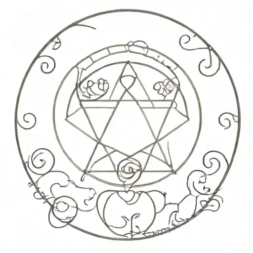 A delicate and intricate design of a spiritual symbol surrounded by playful silhouettes of children and grandchildren tattoo design idea