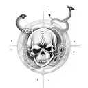 dagger with a  small skull and snakes wrapped around tattoo design idea