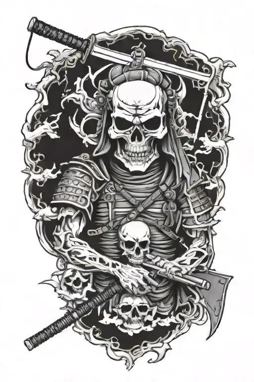 samurai with an AK 47 assault rifle and a skull with a knife tattoo design idea