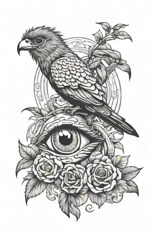 black and white realistic tattoo design featuring a Quetzal bird as the main subject. At the center, an all-seeing eye i tattoo design idea