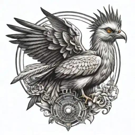 black and white realistic tattoo design featuring a secretary bird as the main subject. At the center, an all-seeing eye tattoo design idea