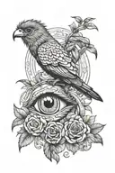 black and white realistic tattoo design featuring a Quetzal bird as the main subject. At the center, an all-seeing eye i tattoo design idea