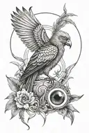 black and white realistic tattoo design featuring a Quetzal bird as the main subject. At the center, an all-seeing eye i tattoo design idea