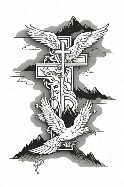 Large cross with mountains and doves tattoo design idea