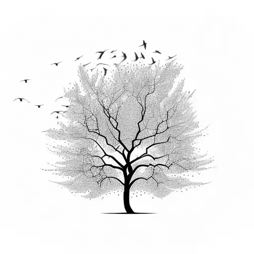 A majestic tree surrounded by a flock of birds tattoo design idea