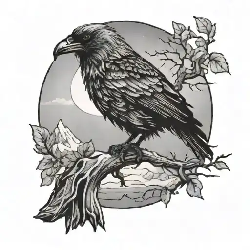 A Viking raven perched on a moonlit tree branch overlooking the ocean tattoo design idea