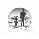 A silhouette of a family holding hands on a beach at sunset tattoo design idea