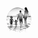 A silhouette of a family holding hands on a beach at sunset tattoo design idea