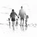 A silhouette of a family holding hands on a beach at sunset tattoo design idea