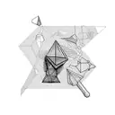 A geometric representation of engineering tools blended with beach elements like seashells and palm trees tattoo design idea