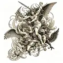 A biblical battle with multiple black angels fighting Demons. Make for a leg and thigh tattoo. Spread out the image but  tattoo design idea