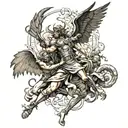 A biblical battle with multiple black angels fighting Demons. Make for a leg and thigh tattoo. Spread out the image but  tattoo design idea